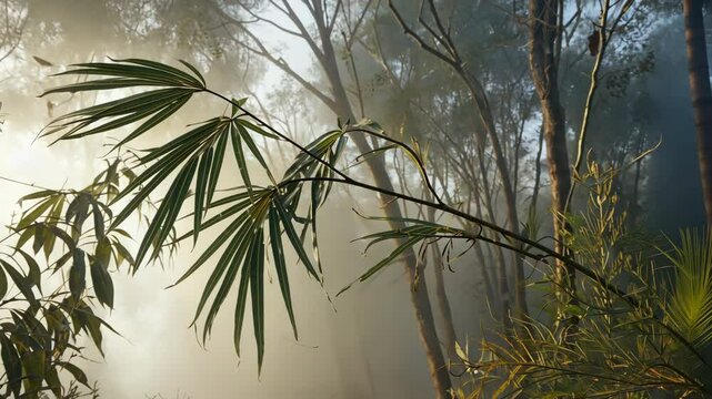 Serene Atmosphere of Lush Green Gumtree Leaves in Misty Forest Embracing Natures Greenery