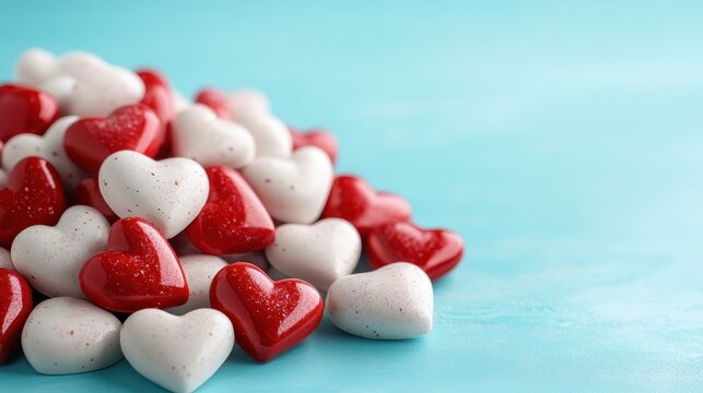 A colorful arrangement of heart-shaped candies on a blue surface, symbolizing love, sweetness, and joyous celebrations such as Valentine's Day.
