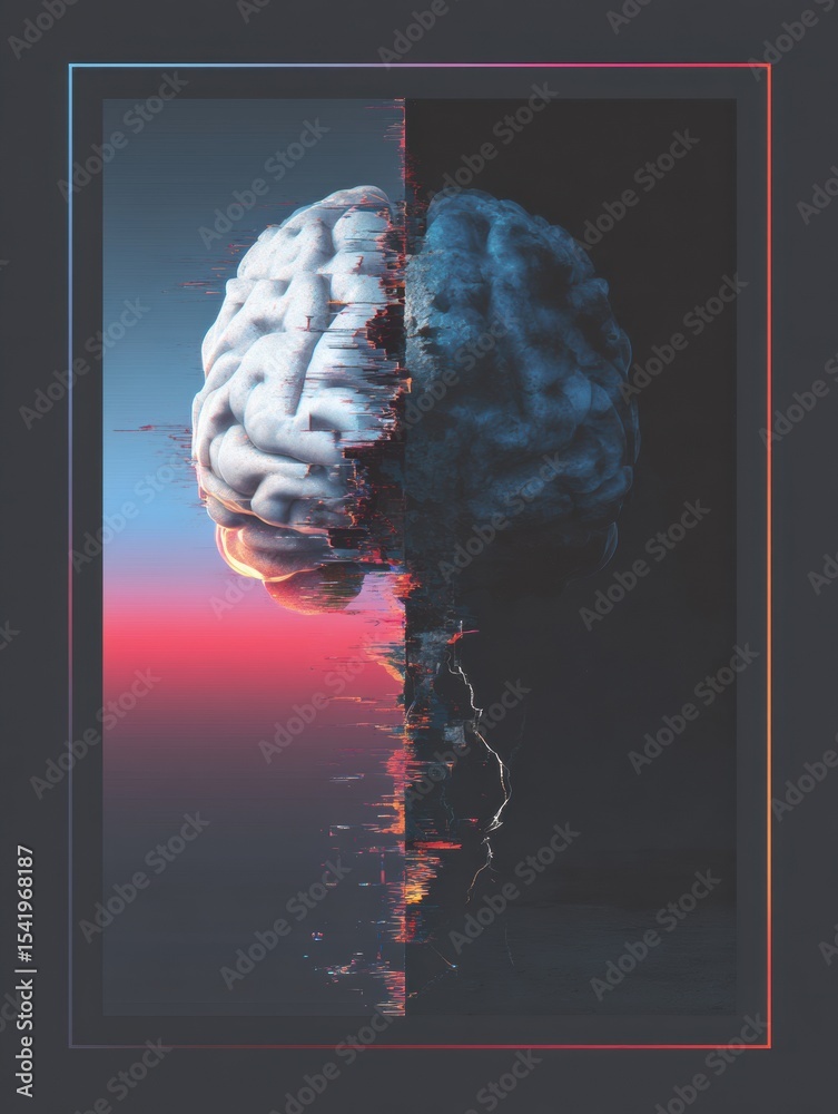 Aufkleber Fractured Brain With Glitch Effect Showcases Surreal Art on Dark Gradient Backdrop With Empty Space