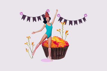 Trendy art creative full zine photo collage of happy girl guy stand cupcake garland decor flower...