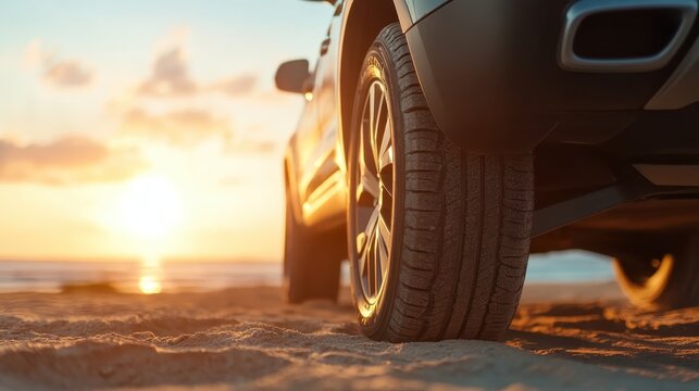 An elegant car tire rests on a sandy beach as the sun sets, radiating warm orange and pink hues, symbolizing adventure and relaxation by the seaside. - Powered by Adobe