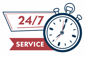 24/7 service icon with a stopwatch symbolizing continuous availability. Perfect for concepts of 24-hour support, open services, and always-on customer care. Modern vector design.