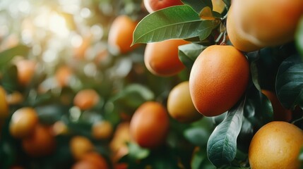 A stunning close-up of ripe oranges hanging from branches, showcasing their vibrant colors against a backdrop of lush green leaves on a sunny day in an orchard.