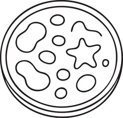 Simple Black and White Line Art Illustration of a Pizza with Various Toppings on a Round Crust