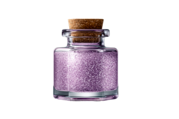 Sparkling purple glitter in a glass bottle with cork lid