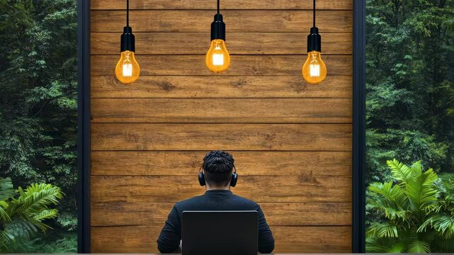 Woman working in a modern home office surrounded by nature