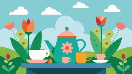Decorative floral tea party illustration with teapot cups and flowers in a colorful scene