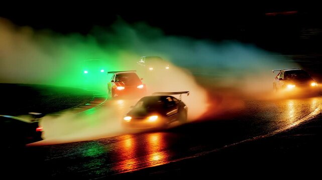 Modified japanese racing cars sliding sideways across wet racetrack, generating dramatic smoke trails under nighttime illumination during high speed competitive drifting performance