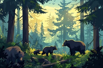 North American Forest a Family of Black Bears Foraging