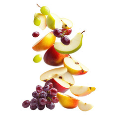 Stock photo of fresh fruit slices falling apples grapes pears healthy eating isolated