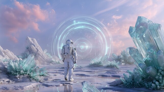 Astronaut walks on a frozen alien world towards a glowing circular portal, surrounded by turquoise crystals, under a pink and purple sky
