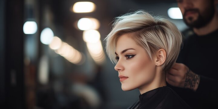 A woman with short blonde hair gets a stylish haircut in a modern salon with blurred lights in the background.