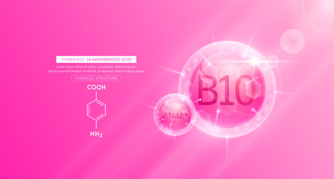Vitamin B10 pink and chemical structure. Vitamins complex serum. For design skin care products beauty treatment. Medical scientific concepts. Vector EPS10.