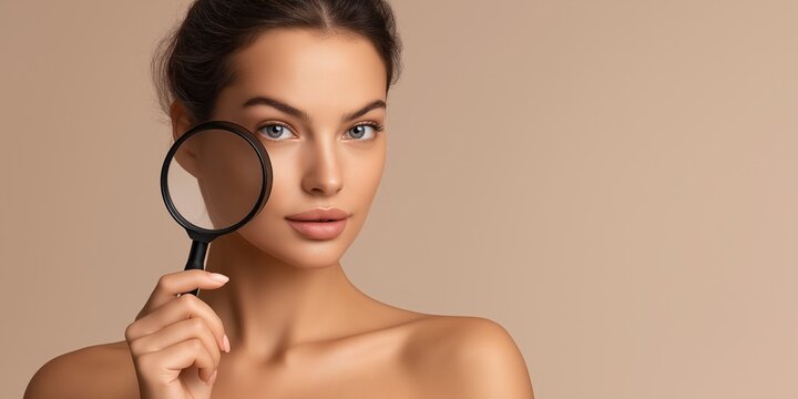 A young woman holds a magnifying glass near her eye, highlighting her clear skin and facial features against a neutral background. - Powered by Adobe