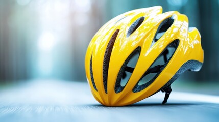 A vibrant yellow bicycle helmet rests on a blurred path, reflecting the importance of safety and adventure in outdoor cycling. This image symbolizes preparation and active lifestyle choices.