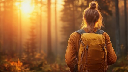 A solitary hiker stands amidst trees, absorbing the warm glow of the sunset, illustrating serenity and connection with nature in a tranquil forest environment.