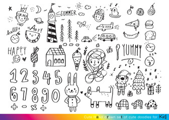 Collection of hand drawn cute doodles,Doodle children drawing,Sketch set of drawings in child style,Funny Doodle Hand Drawn,Page for coloring, cute animal hand drawn, cute Doodle