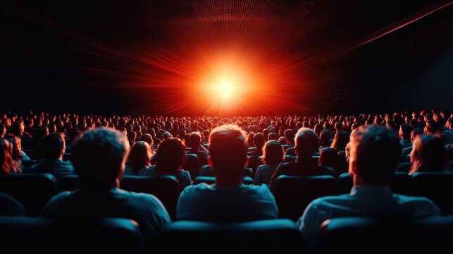 A captivated audience experiences a stunning cinematic moment, highlighting shared emotions and anticipation in a darkened theater setting with a bright cinematic light.