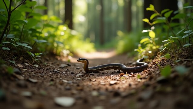 A snake crosses a forest trail, a sunny path. Snake in the forest