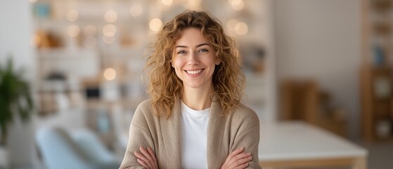 A cheerful woman with curly hair smiles confidently with her arms crossed in a cozy, softly lit living space.