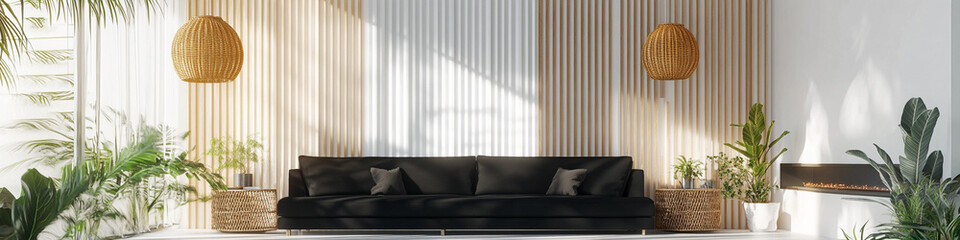 Contemporary open-plan living space with black modern sofa, vertical wooden slats, hanging rattan lamps, leafy indoor plants and white walls glowing with daylight