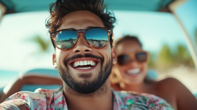 Two cheerful friends take a selfie in a convertible car with a stunning ocean view in the background, capturing a joyful moment of friendship and fun under the sun.