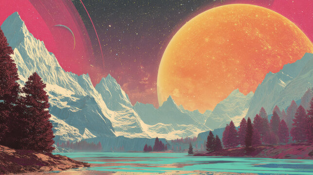 Retro background futuristic landscape 1980s style. Digital retro landscape cyber surface. Retro music album cover template : sun, space, mountains . 80s Retro Sci-Fi Background Summer Landscape.