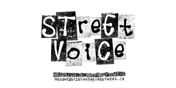 Font Streetvoice. Punk typography vector alphabet and numbers. Type specimen set for grunge font flyers and posters or ransom note style designs.