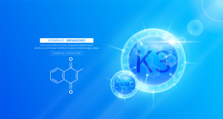 Vitamin K3 blue or Menadione and chemical structure. Vitamins complex serum. For design skin care products beauty treatment. Medical scientific concepts. Vector EPS10.