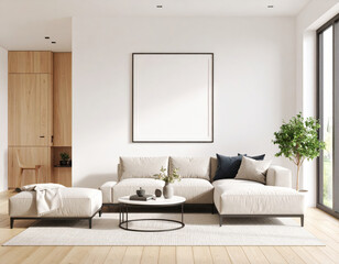 Modern living room with cozy sofa, coffee table, and greenery