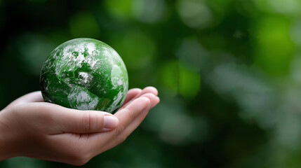 Eco-conscious symbolic scene with glowing sustainability icons around a hand-held green planet, earth day, sustainability, eco friendly, green energy, renewable energy, recycle symbol, climate

