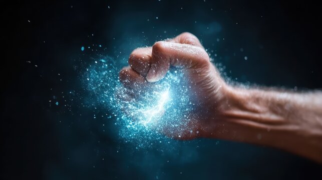 An exhilarating image of a fist generating sparks of magical energy, embodying themes of power, creativity, and potential, reflecting the strength of human expression.