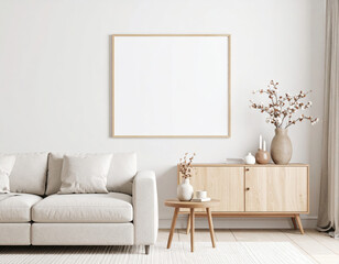 Cozy living room with blank wall frame and natural decor elements