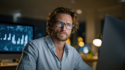 Intense financial analyst works late analyzing stock market data with focused determination in a modern office setting showcasing dedication and hard work
