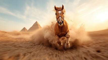 A stunning horse gallops freely across the sandy dunes, creating a cloud of dust in its wake. The surrounding pyramids add a historical element to this dynamic moment.