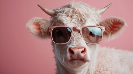 A playful calf dons stylish sunglasses, creating a humorous and charming scene against a vibrant pink background. This image radiates joy and a sense of fun in a unique manner.