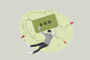 Creative full art collage of happy girl guy stand communication icon dialogue conversation speech...