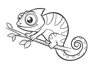 Fototapeta premium Cute cartoon funny chameleon. Black and white vector illustration for coloring book