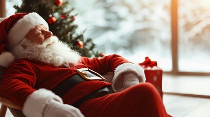 A jovial Santa Claus peacefully relaxes in a cozy chair, dressed in his traditional red suit, surrounded by the warmth of a decorated Christmas tree and gifts, emanating holiday joy.