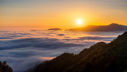 Fototapeta premium golden sunrise crests over a boundless sea of fog fog majestic fantasy
