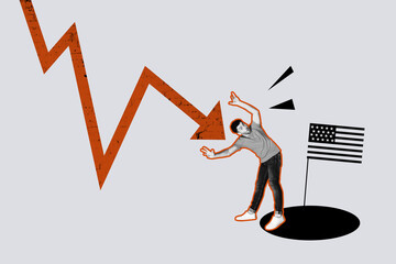 Creative art sketch photo collage of astonished man stand america flag trade problem economy...