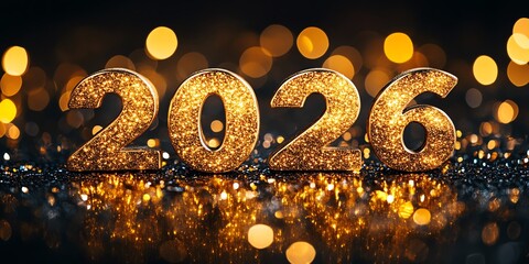 Golden 2026 numbers illuminated with gentle light effects, resting on a dark reflective surface with sparkles, exuding elegance and celebration vibes for new year 2026