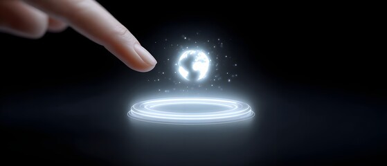 Touching a holographic globe in a futuristic setting