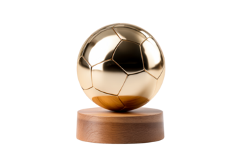 Golden soccer trophy on a wooden base with transparent background