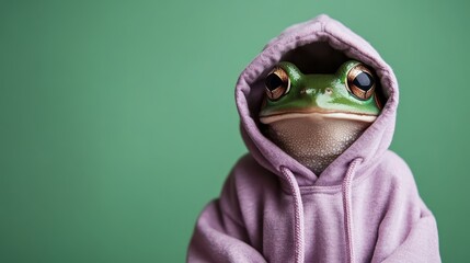 A whimsical frog wearing a pink hoodie captures attention, presenting a unique and playful character that mixes humor with cuteness in a fun artistic style.