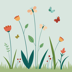 Delightful springtime garden scene with colorful flowers and floating butterflies in a meadow