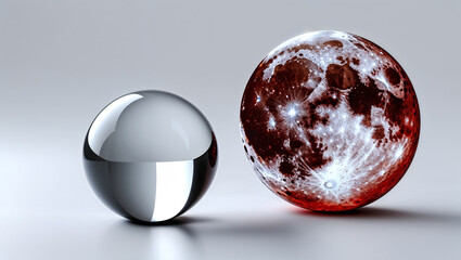 Two spheres one metallic and reflective the other a red moon with craters and bright spots on a gray surface