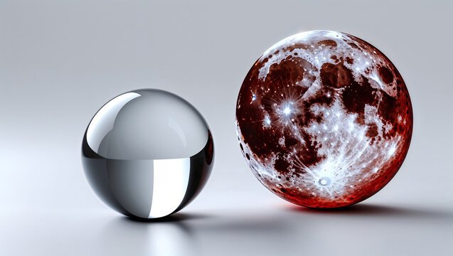 Two spheres one metallic and reflective the other a red moon with craters and bright spots on a gray surface
