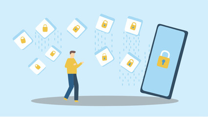 Man standing near large phone with lock and floating lock icons in a light blue background scene design