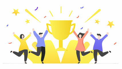 People celebrating a victory with a golden trophy and confetti in a joyful atmosphere of success